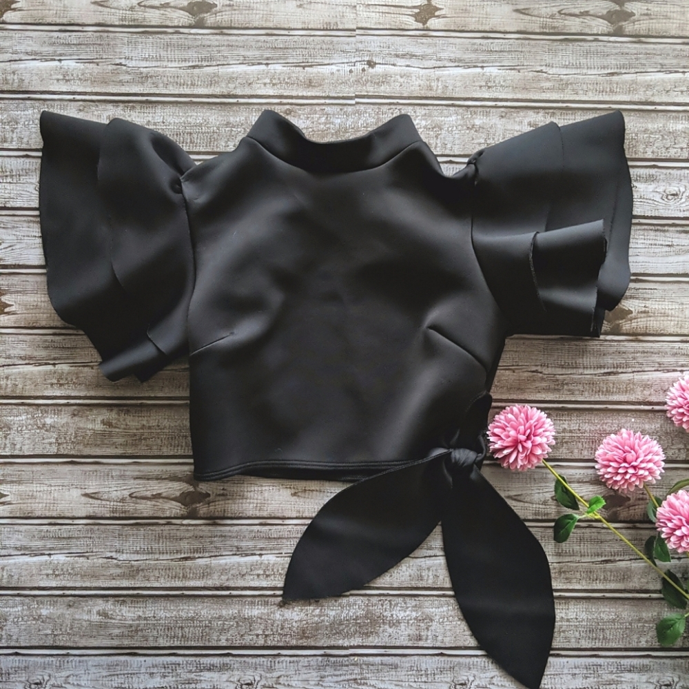 Mock Neck Ruffle Puff Sleeve Side Tie Crop Top